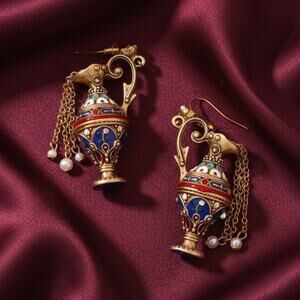 Medieval Museum Antique Earrings Vase Pitcher Art Pearl Gold Retro Flower Boho